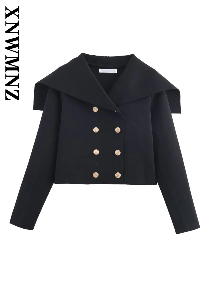 

XNWMNZ 2025 Autumn New Lady Fashion Party V-Collar Long Sleeve Knitted Coat Casual Woman's Black Double-breasted Jacket