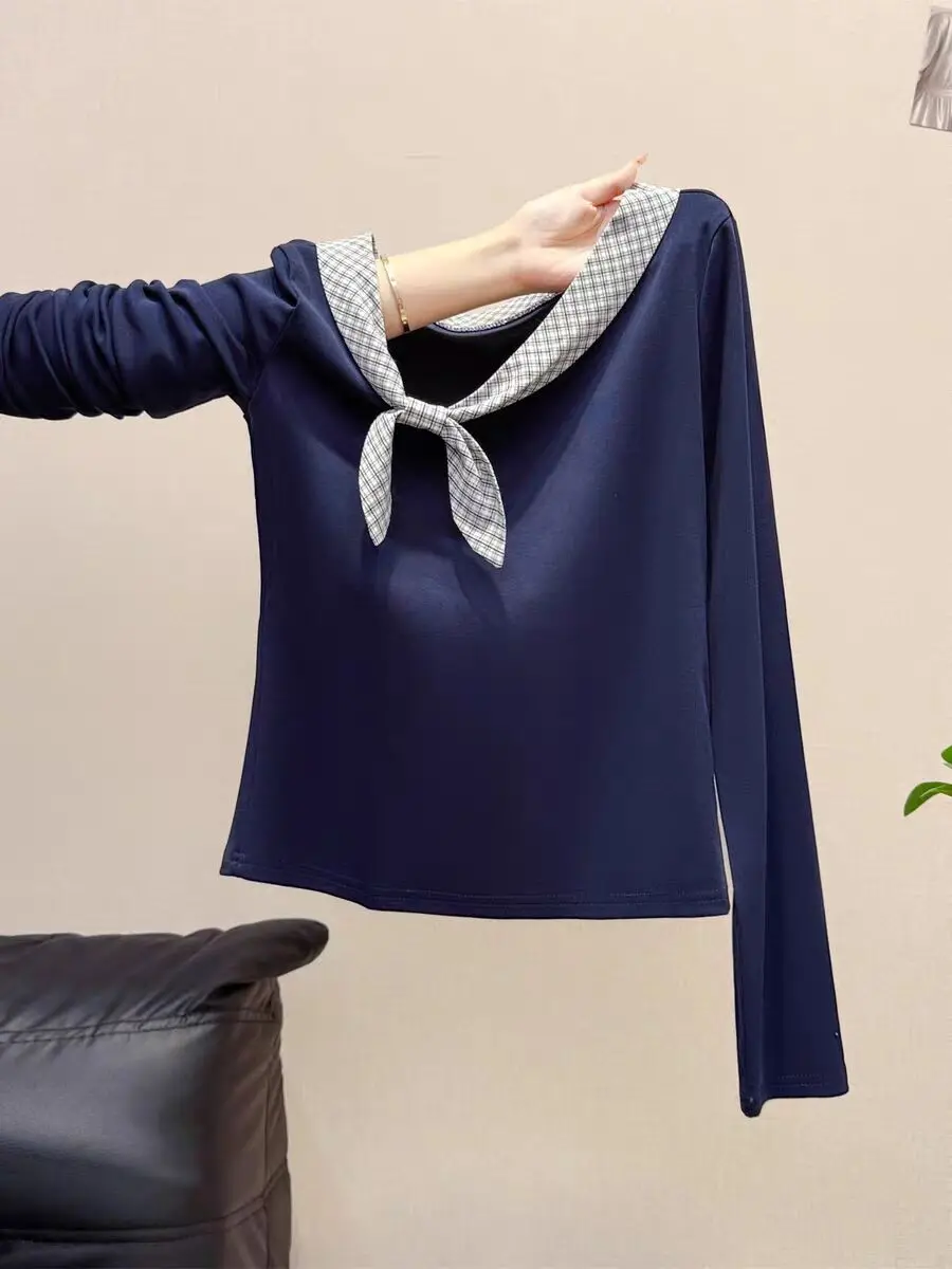 

Long Sleeved T Shirt Top Woman Womens Spring Cotton Splicing Tailoring Preppy College Feminine Pleat Waist Drape Patch Pocket OL