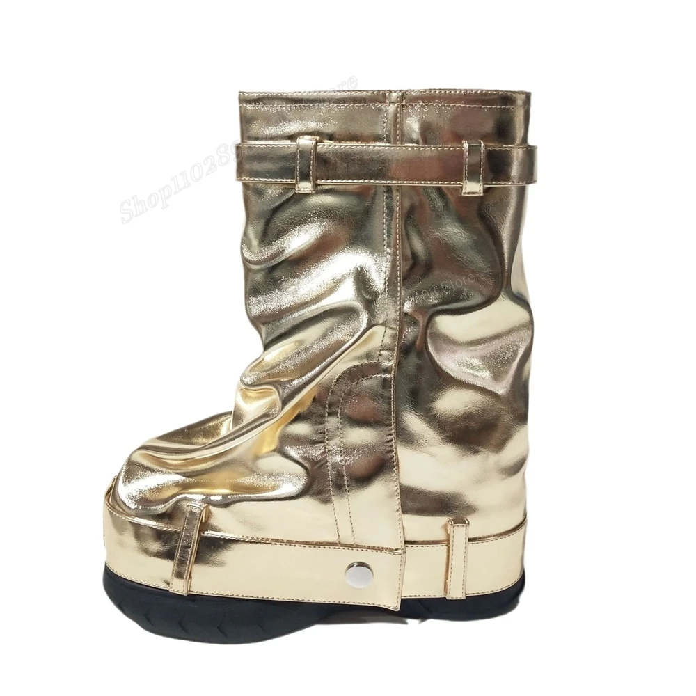 Gold Thick Soled Mid Calf Boots Lock Decor Round Toe Zipper Matte Leather Women Shoes Fashion Sexy 2023 New Zapatos Para Mujere