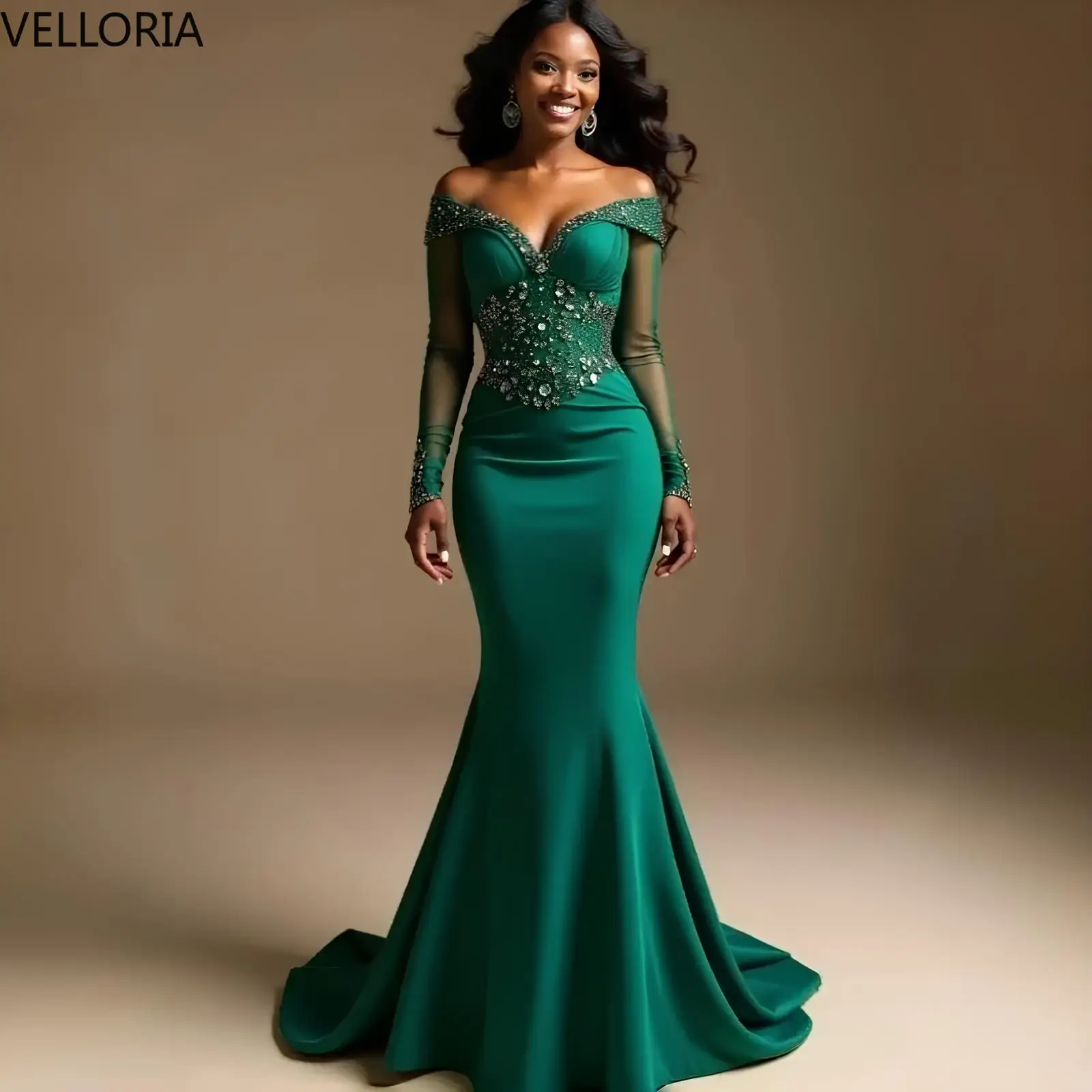 Sexy Off Shoulder Green Evening Dress Long Sleeve Crystal Beaded Bodice Mermaid Formal Party Gowns Plus Size Customized