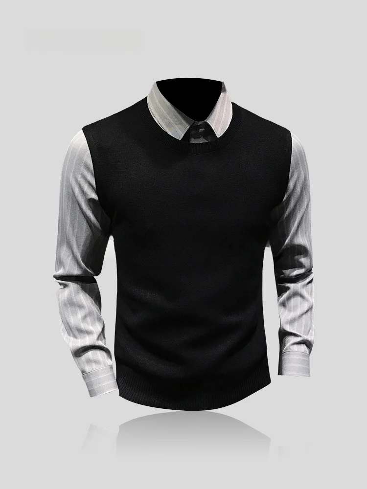 

IT Men's Knitted Sweater Fake Two-Piece Business Base Layer Shirt Autumn Winter New Style Merging Fashion Sun Protection