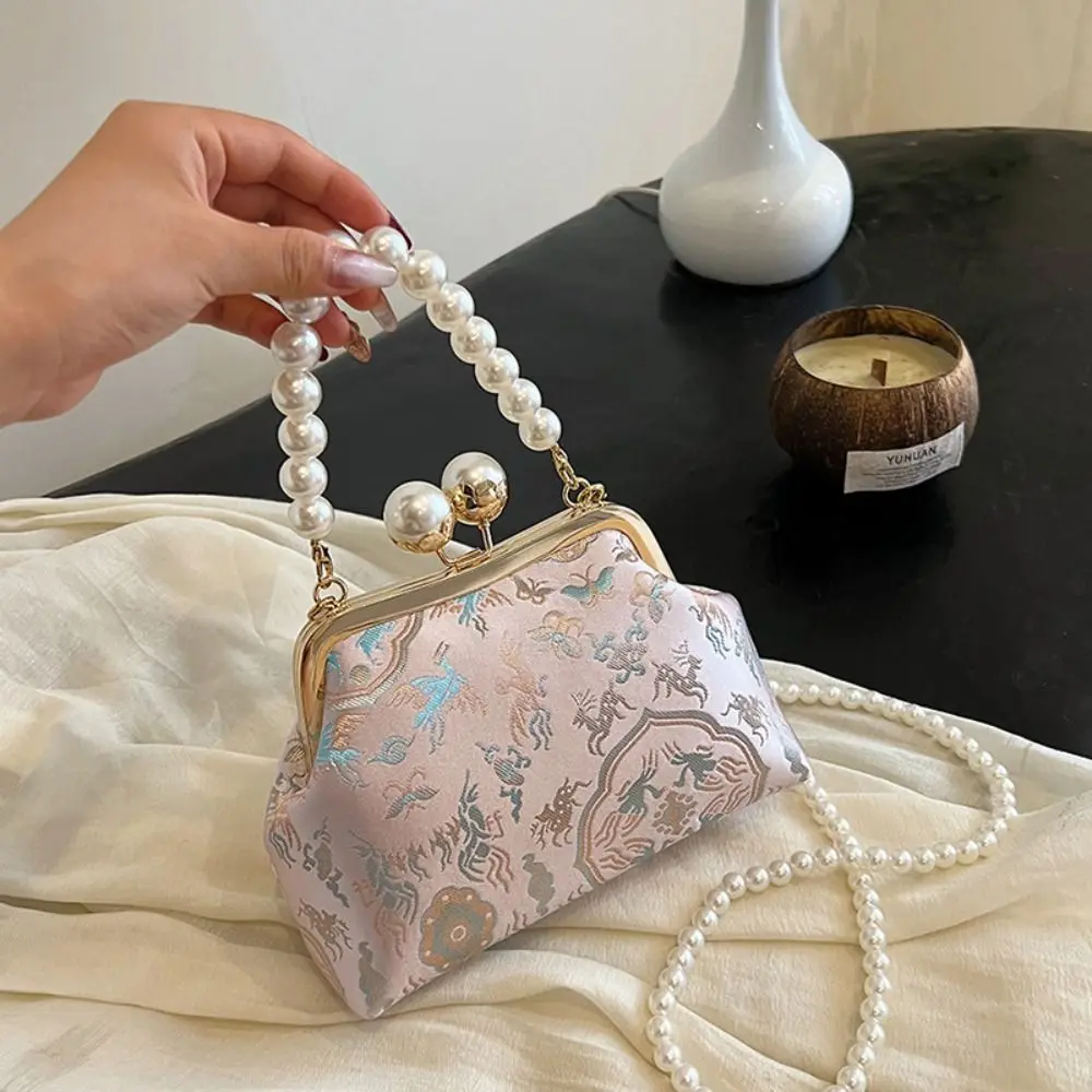 

Retro Pearl Chinese Style Handbag Kiss Lock Cheongsam Accessories Embroidery Banquet Bag Elegant Shoulder Hanfu Clutch Bag Party