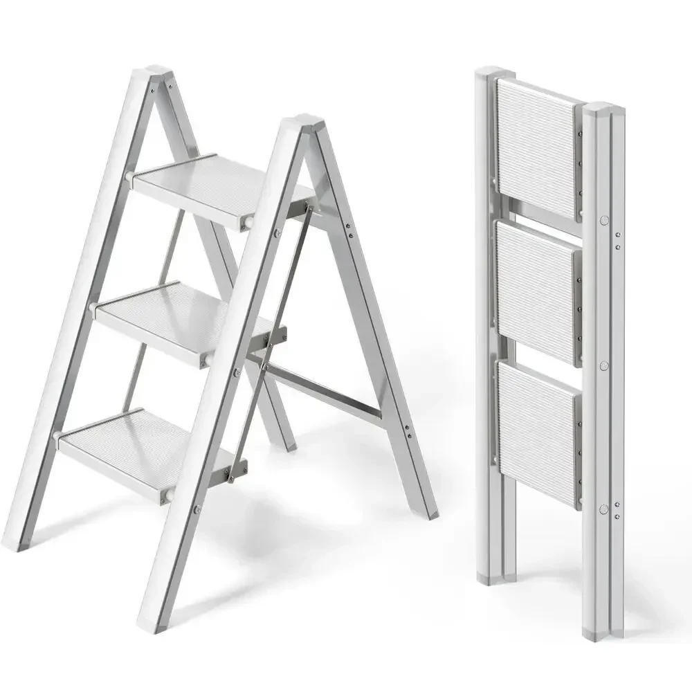 3/4 Step Ladder, Stepping Ladder with Wide Rungs,Folding Aluminum Ladder with Non-Slip Feet, Portable Lightweight Ladder 150kg