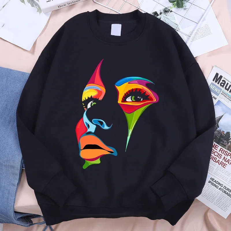 

Painted Lady Face Personality Design Hoodie Male Cute Fleece Pullover Creativity Warm Sweatshirt Street Loose Hoodies Women