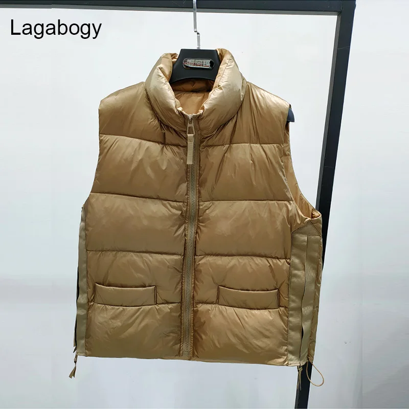 

Women Lagabogy White 2023 Short New Winter Duck Down Vest Female Stand Collar Zipper Warm Waistcoat Loose Sleeveless Outwear