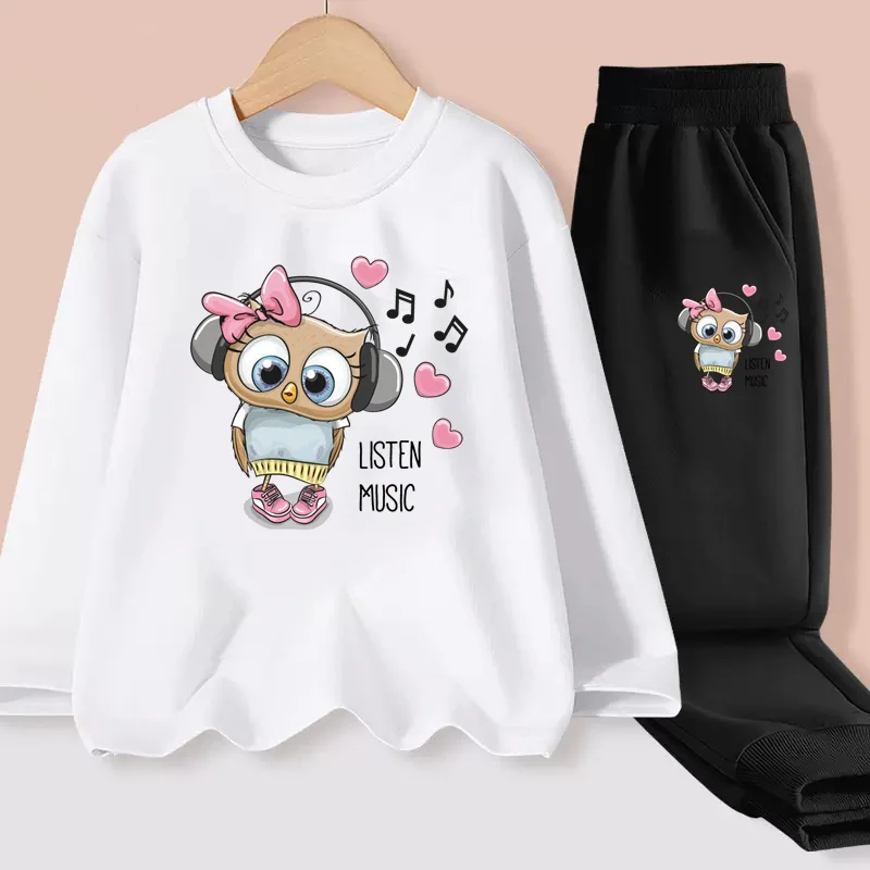 Aimi Lakana Baby Girls Long Sleeve Sets Owl Cartoon T-shirt Kids Casual Cotton Clothing Spring Autumn Dresses 3-14T