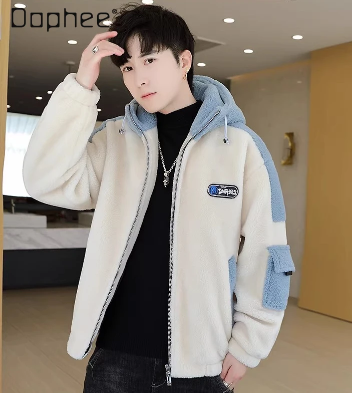 

2025 Autumn Winter Letter Embroidery Blue Gray Lamb Wool Hooded Coat Loose Casual Yellow Beige Pocket Design Jacket