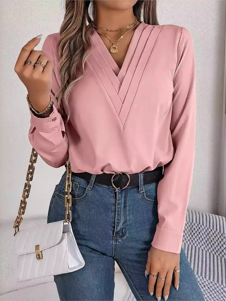 Tops y blusas informales para mujer, camisa elegante de manga larga con cuello en V apilado de Color sólido para mujer, camisas blancas de otoño e invierno