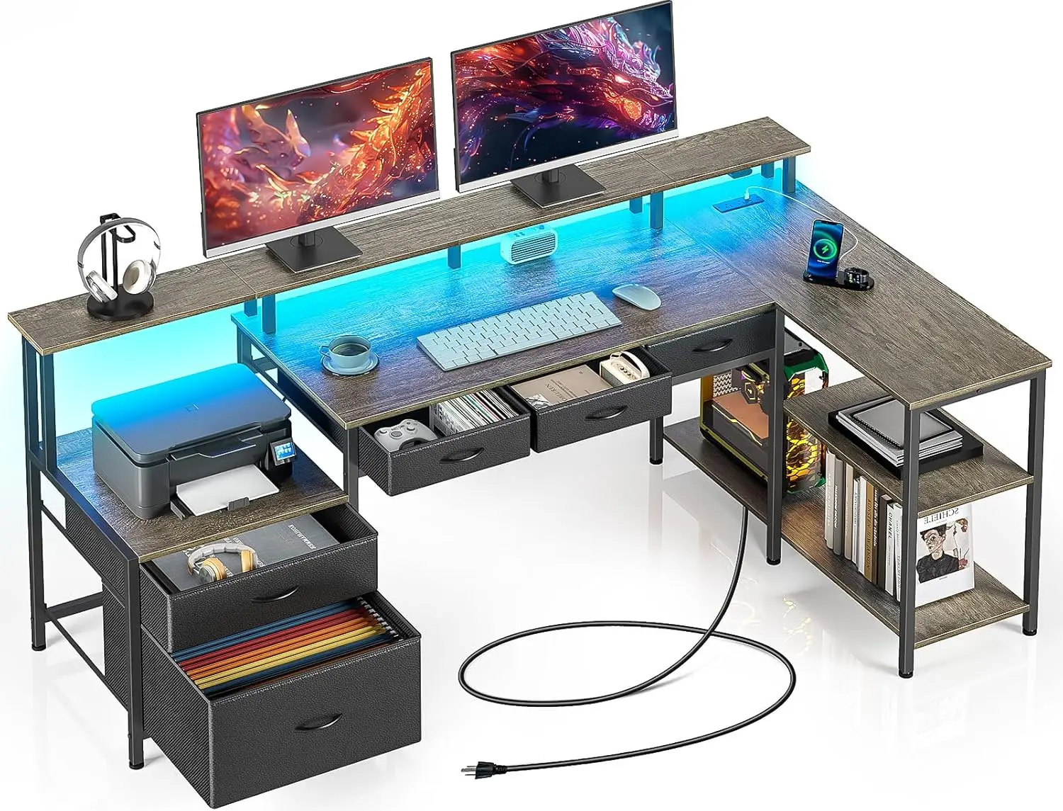 

L Shaped Desk with File Drawers, 64 Home Office Desk with Power Outlet & LED Lights, Reversible Gaming Desk with Prin
