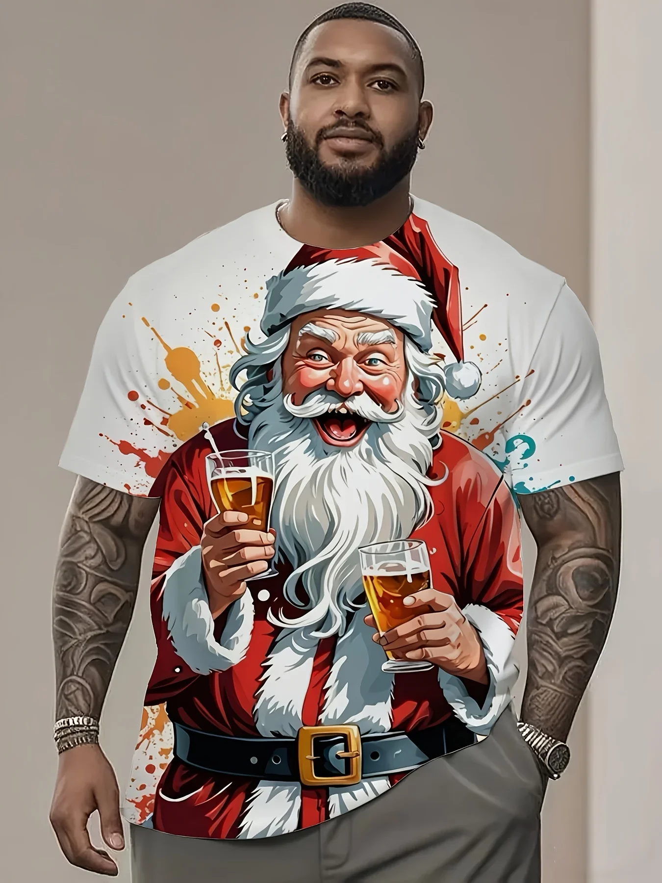 Fashionable Casual Round Neck Men's Christmas Theme 3D Santa Claus Printed T-shirt Short Sleeved Men's Plus Size Casual Top 6XL