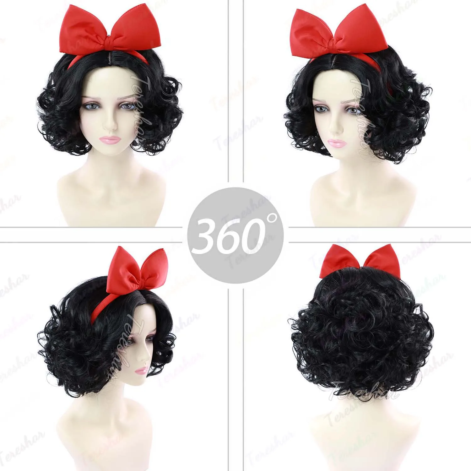 Synthetic Short Curly Black Wig + Red Bowknot Headband,Bob Wave Anime Cosplay Wig Black Middle Costume Party Halloween Wigs