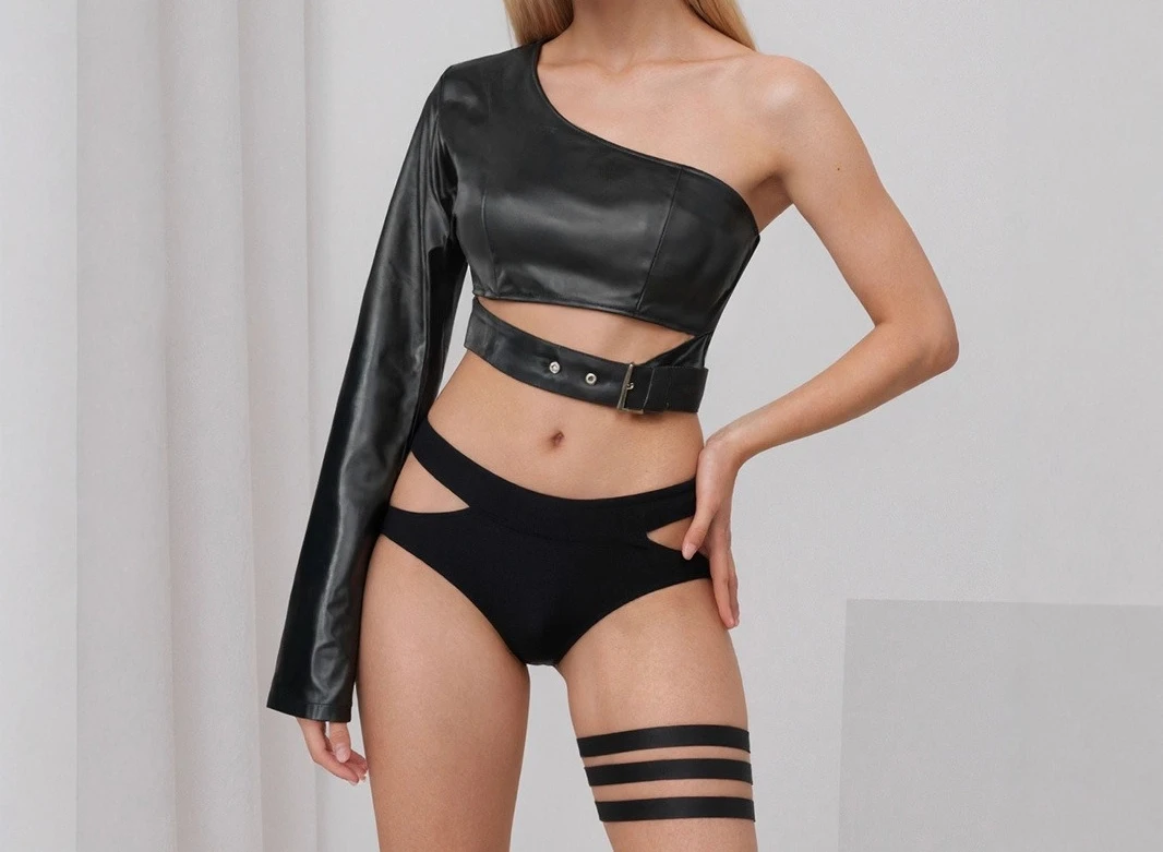 One-shoulder PU Leather Jacket Rock Dance Irregular Short Coat European and American Independent Website Celebrity Customization