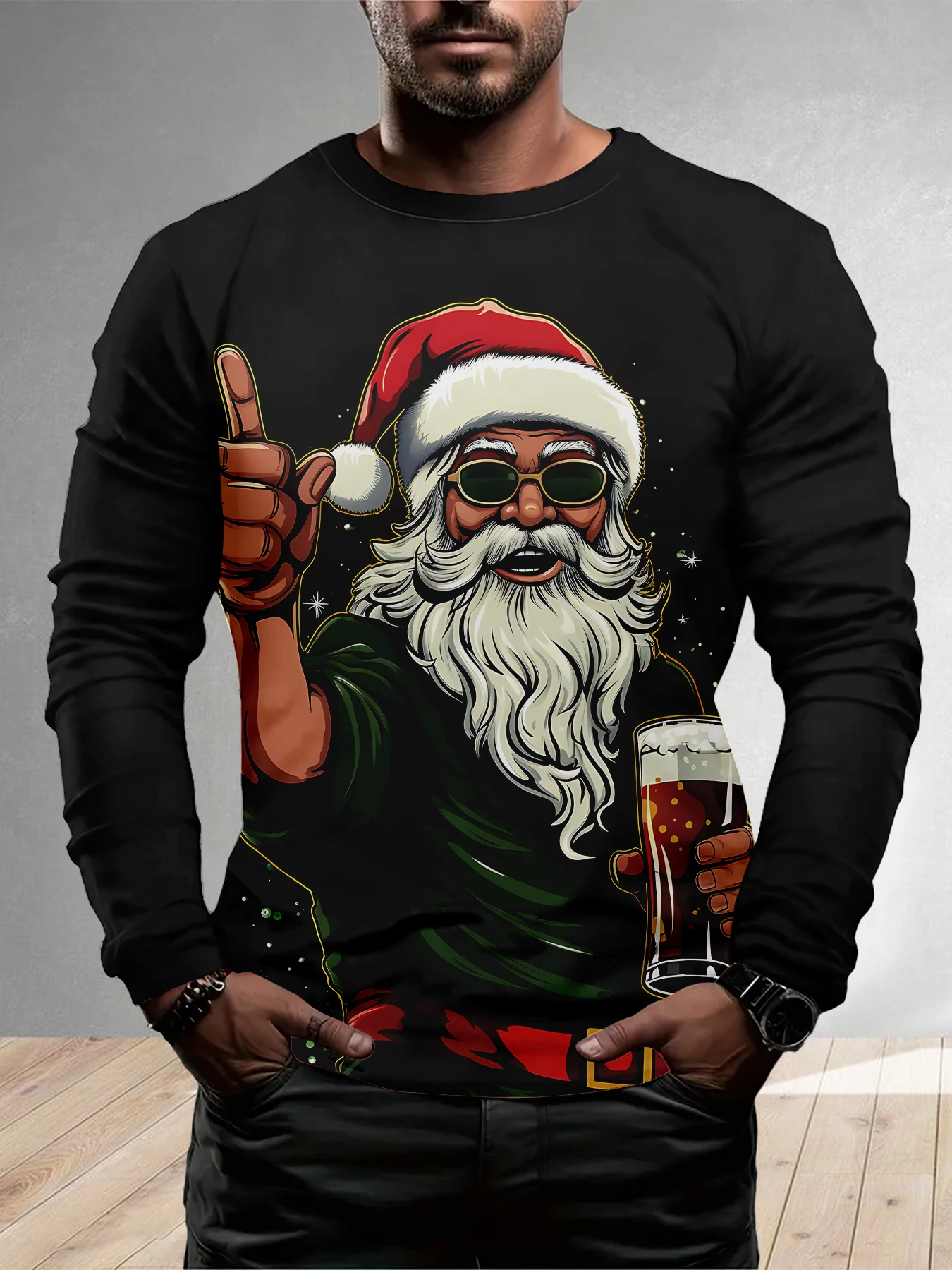 

3D Christmas Party Beer Printed Men's Long-sleeved T-shirt Funny Santa Claus Pattern Crew Neck Tops Street Hip Hop Y2k Clothing