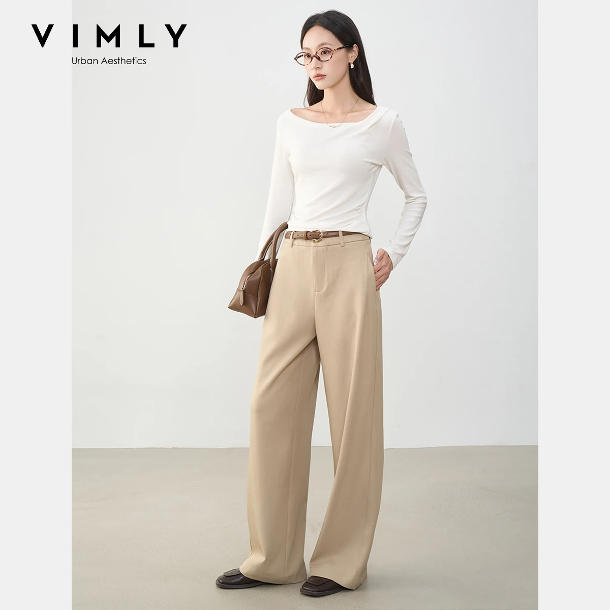 Vimly cáqui calças plissadas outono 2025 mulheres casuais calças de perna larga meados de cintura botões soltos femmes calças roupas femininas a2177