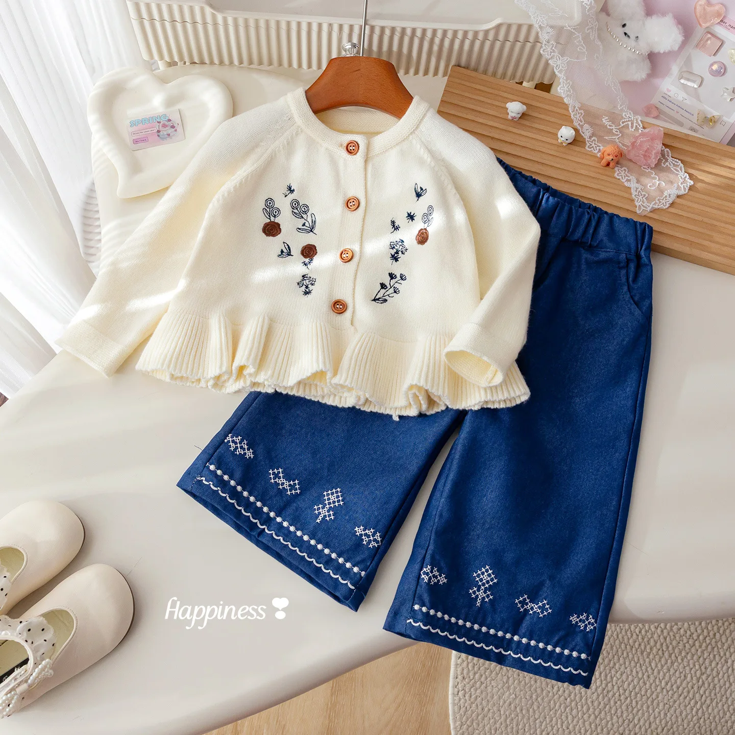 Girls' autumn clothes countryside floral embroidery lace sweater fashion knitted cardigan casual pants trendy