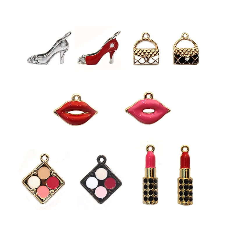 MIX 10pcs/pack Make Up Lipstick Bag Mouth High Shoes Eye Shadow Handmade Craft Metal Charms Earring Keychain DIY Jewelry Making