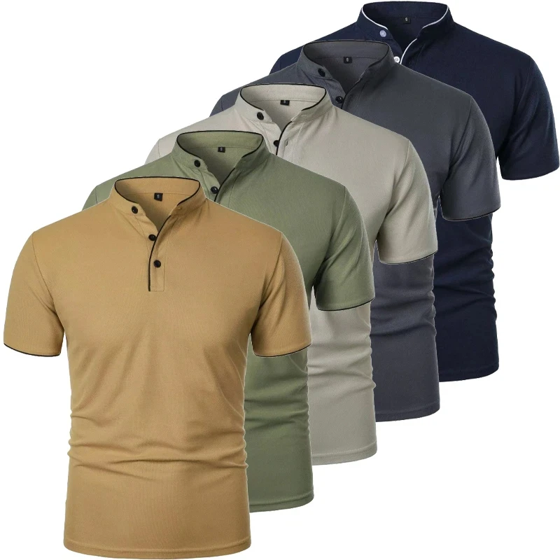 New Men's Short Sleeve Collar Polo Shirts Summer Solid Color Casual Polo Shirt Trendy Breathable Loose Basic Splice Oversize Top