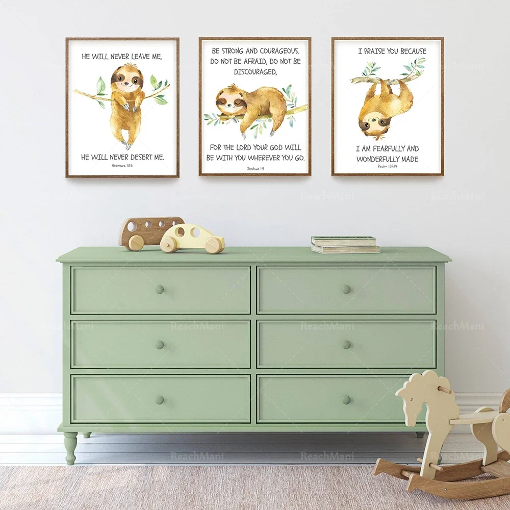 Christian Prints, Kids Bible Verses Wall Art, Sloth Watercolor Animals, Bible Prints, Baby Boys Nursery Decor Print Posters