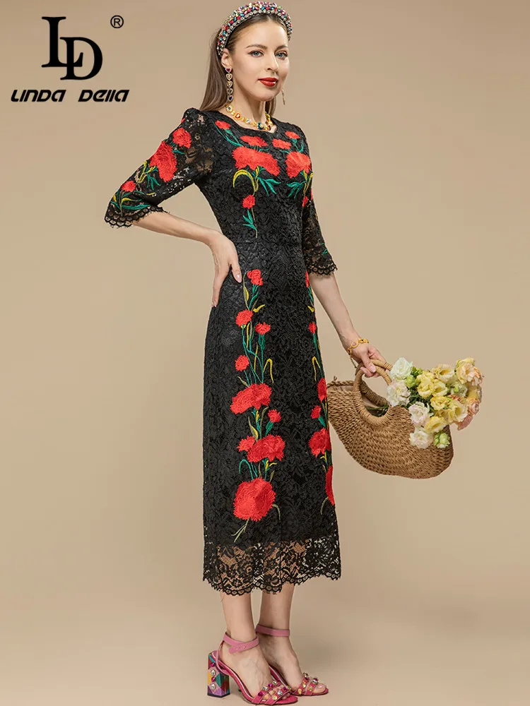 LD LINDA DELLA Runway Designer Summer Party Dress Women's Half sleeve Hollow out Flower Embroidery Black Vintage Party Dress