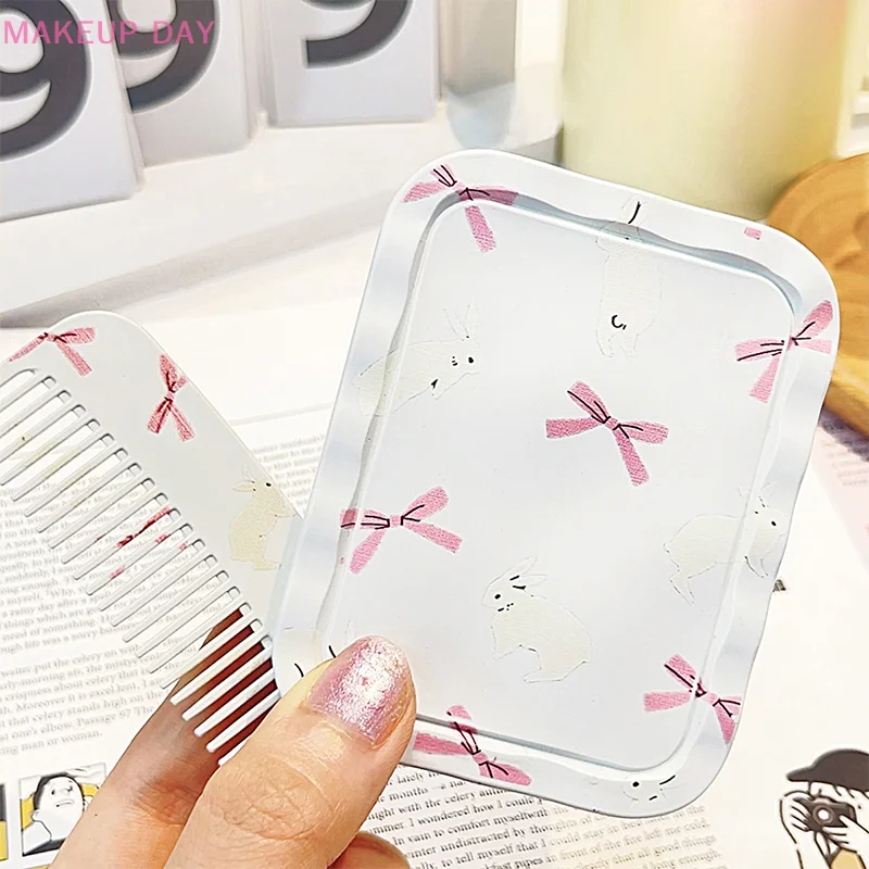 White Rabbit Bow Flip-Top Folding Makeup Mirror Portable Pocket Mirror Women Rectangle Cosmetic Make Up Mirror With Comb