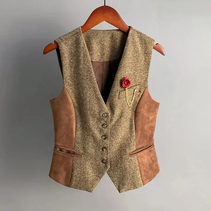 Vintage Splicing Suede Women's Blazer Vest Coat V Neck Slim Fit Temperament Sleeveless Short Vest Versatile Lady Suit Waistcoat