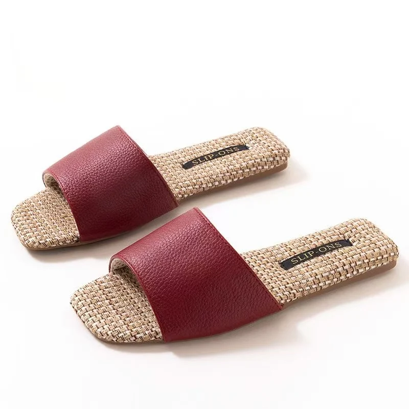 

Women Real Leather One Word Linen Slippers Summer New Soft Sole Non Slip Breathable Home Slippers Office Slippers Floor Slippers