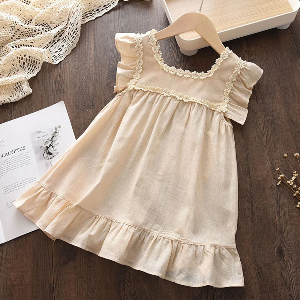 Girls Summer Casual Dresses New Fashion Flower Embroidery Lace Vestidos Toddler Girl Sweet Flying Sleeve Princess Clothes 2-6Y