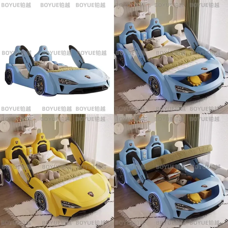 Kids Race Car Bed with Guardrail Solid Wood Frame Boys Sports Vehicle Leather Platform Furniture Fun Bedroom Decor for