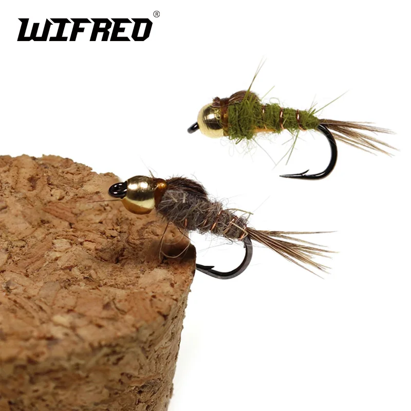 

Wifreo 10PCS Olive Grey Hare’s-Ear Nymph Brass Bead Head Trout Fly Fishing Fake Lure Insect Baits 14#