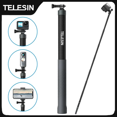 TELESIN 탄소 섬유 셀카봉 모노포드 확장 가능, 고프로 인스타 360 오스모 액션 DJI 액션 카메라용, 1/4 나사 포함, 1.2M, 3M 