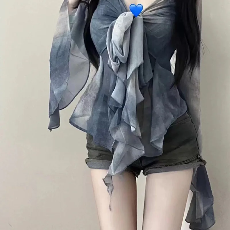 Fashion V-Neck Tie Dye Flare Sleeve Sleeve Irregular Blouse Female Clothing 2024 Summer New Chic Tops Asymmetrical Shirt