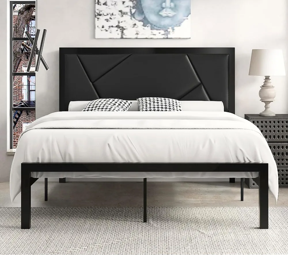 

Modern Queen Size Metal Bed Frame with Litchi Grain Leather Upholstered Headboard, No Box Spring Needed, 12.4" Underbed