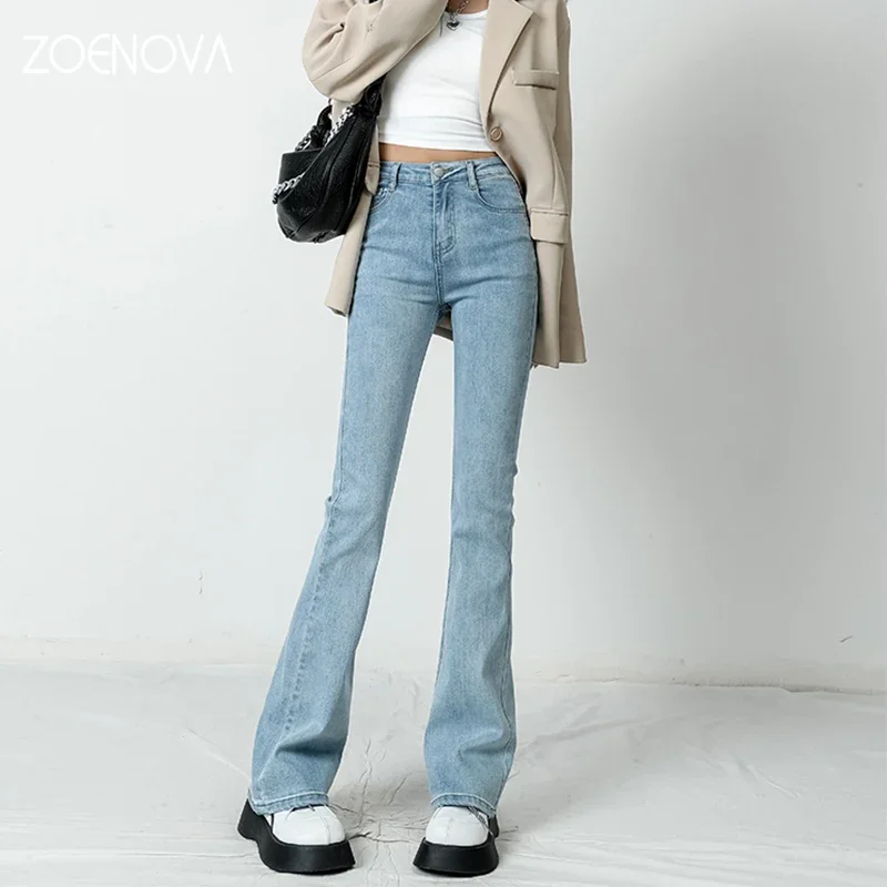 ZOENOVA-Jeans lared para mulheres, calças jeans soltas, fundo reto, cintura alta, elástico, urbano, calças femininas, 6 cores, 2023