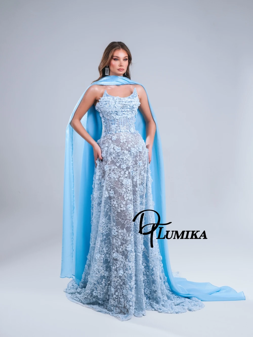 

Romantic 3D Floral Applique Lace Corset Evening Gown Sky Blue Sequined Customized Prom Dress With Detachable Satin Cape