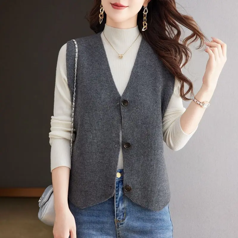 Knitted Women Sweater Vest Solid Jumpers Single Breasted V Neck Slight Strech Loose Fit Casual Office Lady 2025 Autumn Winter - Image 2