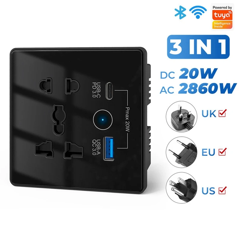 Tuya WiFi Smart Socket UK US EU Universal Plug USB 3.0 Type-C Port Outlet Smart Home Tuya App Works with Home,B