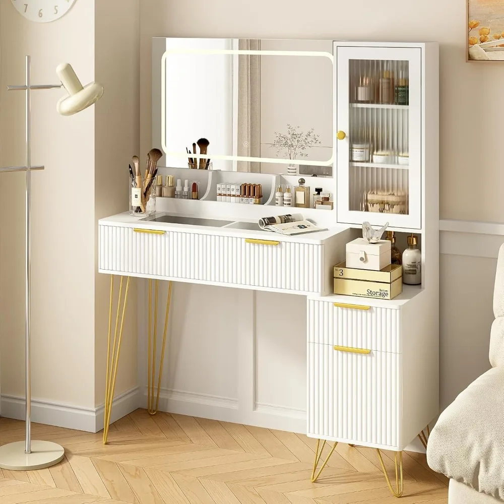 

43 Vanity Desk with Mirror and Lights, Makeup Vanity Table with 4 Drawers, White Dressing Table for Bedroom, Fluted Makeup