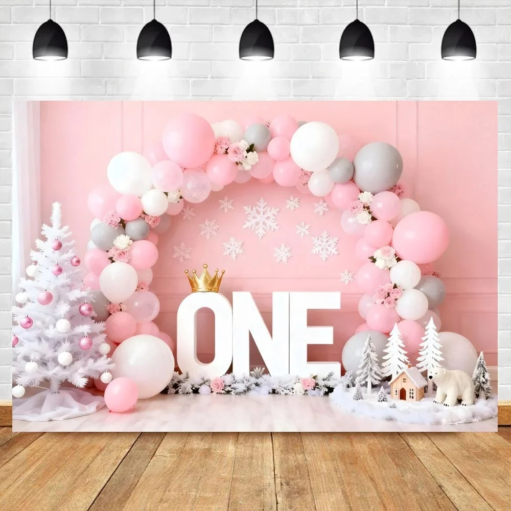 

Christmas Pink Balloon Golden Crown Theme Background, Christmas Tree Snowflake Children's Birthday Party Photography Background