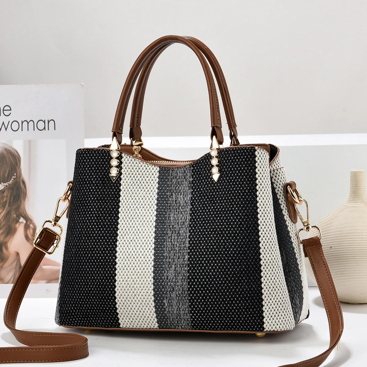 Nowa torebka wiadro w kontrastowym kolorze, modna damska torba, wysokiej klasy torba na ramię o dużej pojemności, torba crossbody, torebka w paski