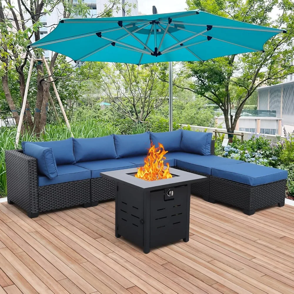 7 Pieces Outdoor PE Wicker Furniture Set Patio Rattan Sectional Conversation Sofa Set Cushions and Fire Pit Table