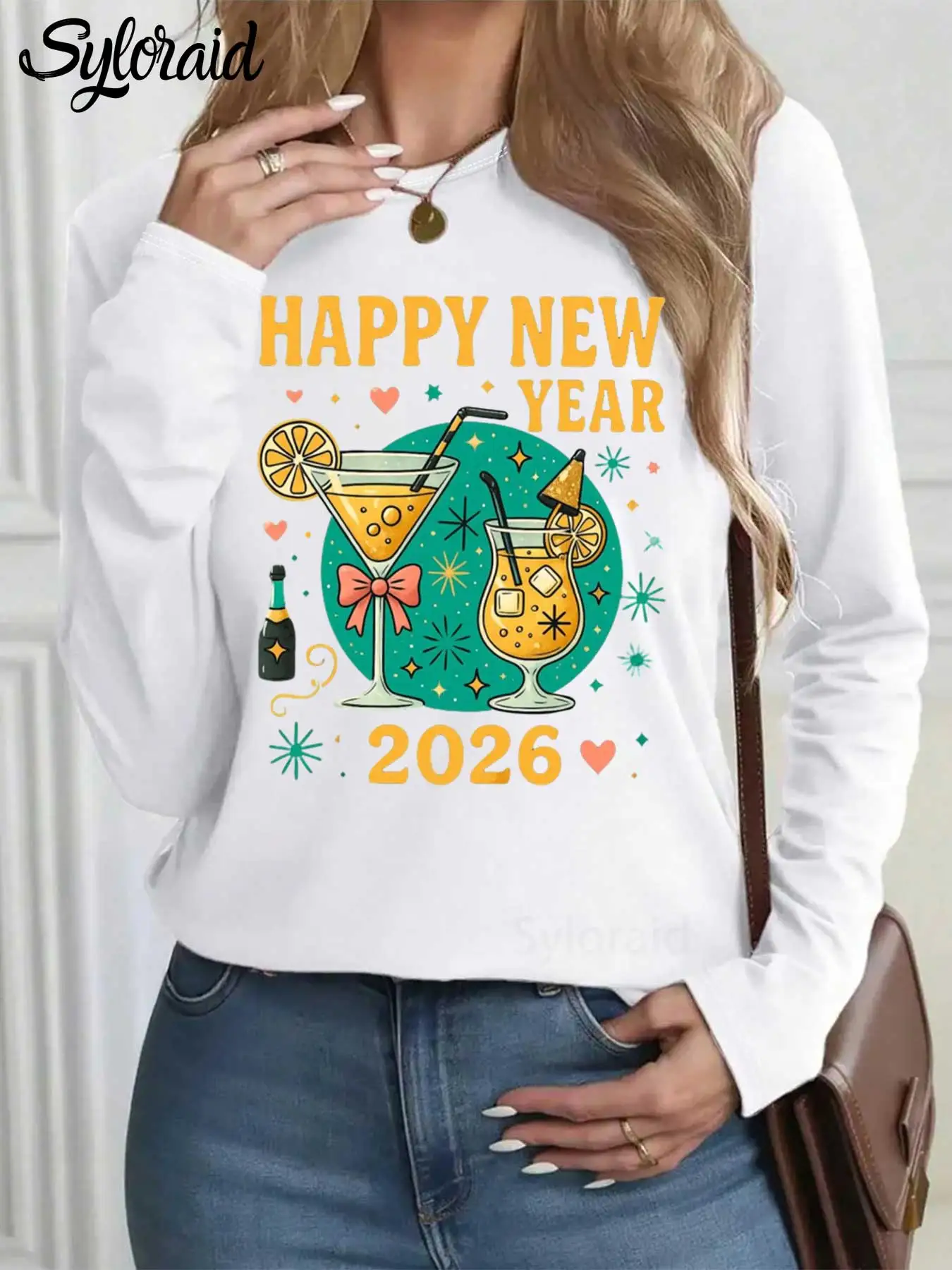 여성용 긴 소매 티셔츠 '새해 복 많이 받으세요 2026' 불꽃놀이 프린트 티셔츠 패션 라운드 넥 캐주얼 탑