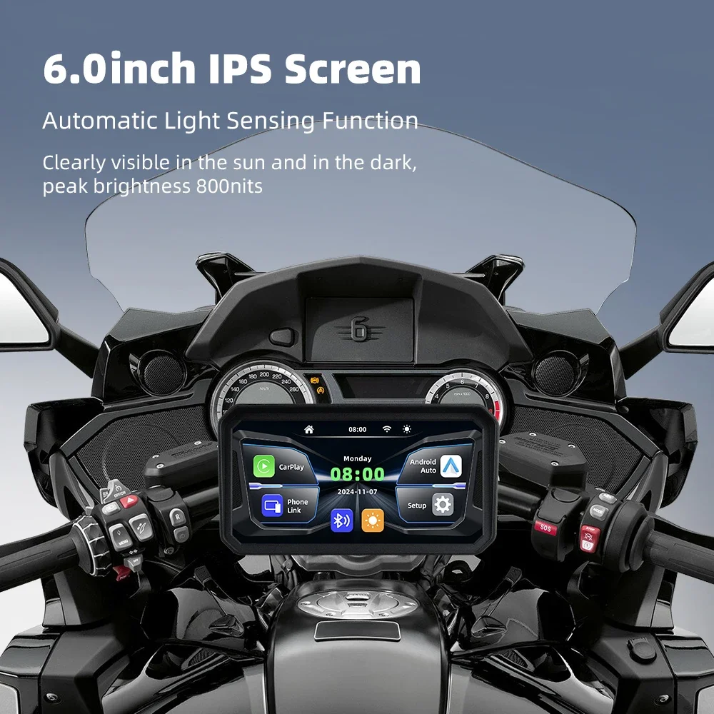 2025년형 오토바이 GPS (6인치 IPS 화면, 무선 CarPlay / Android Auto, BT 5.0, IP67 방수, 5GHz WiFi, 마그네틱 마운트)