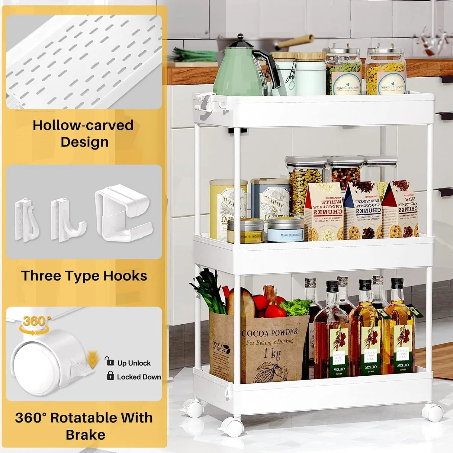 Rolling Storage Cart 3 Tier, Bathroom Cart Organizer Laundry Room Organizer Utility Cart Mobile Shelving Unit Multi-Functional