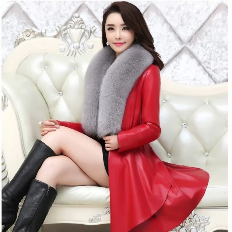 Leather Jacket Women PU Leather Coat Mid-length Jacket Large Fur Collar Plus Cotton Autumn Winter Warm Leather Coat Black Red