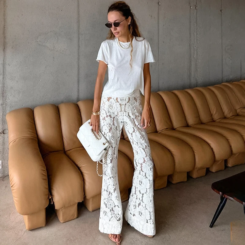 

Tornova Lace Jacquard Flared Trousers Women Flower Hollow Sexy Fashion Pants 2025 Autumn New High Waist Office Lady Trousers