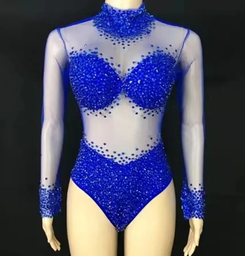 Body Sexy de malla transparente con piedras para mujer, traje de fiesta de cumpleaños, mamelucos de diamantes de imitación, baile de equipo de cantante, rosa, blanco, azul