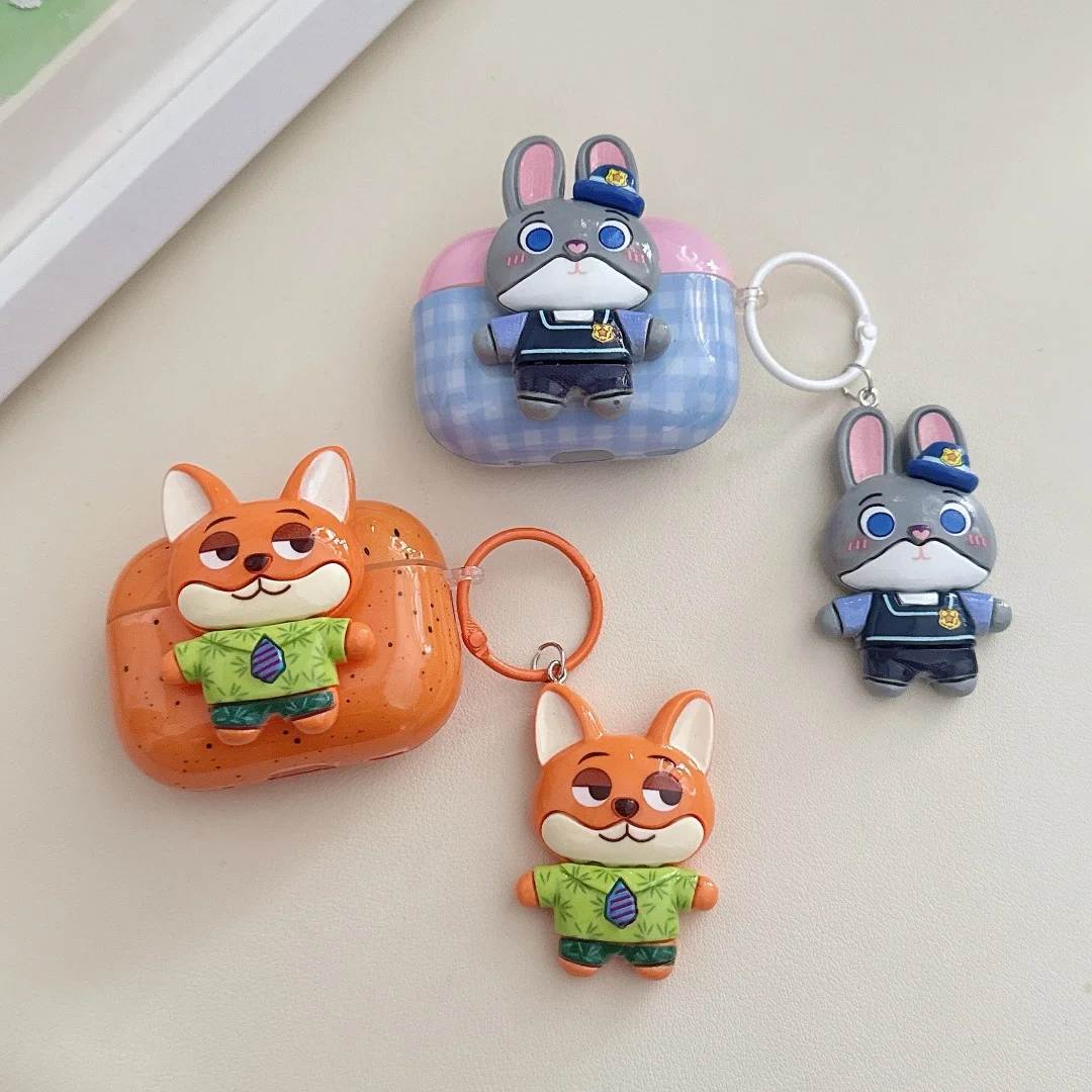 Disney Zootopia earphone Case Pendant for AirPods Pro 2nd gen Pro3 Keychain Judy Nick headphone for AirPods 1 2 3 4 Cover