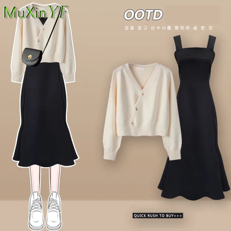 2024 Autumn Winter Fashion Short Knitting Sweater+suspender Dress Two-piece Korean Elegant Bow Cardigan Sexy Fishtail Skirt Set