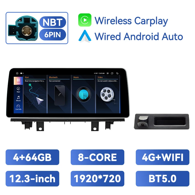 12.3 Inch Draadloze Carplay 1920*720P Android 14 Auto Multimedia Speler Voor Bmw X1 F48 2016 2017 Nbt Systeem Voice Control 4G Lte