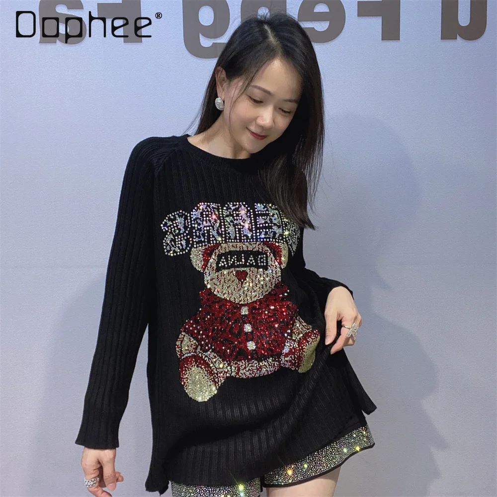 

Красный пуловер, женский свитер в рубчик с круглым вырезом, осень-зима, плотный вязаный топ со стразами, корейский модный свитер с героями мультфильмов